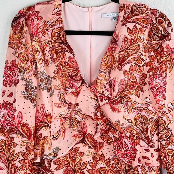 Julia Jordan Ruffled Flounce Bell Sleeve Floral Paisley Pink Midi Dress 8 NWT - Picture 6 of 16